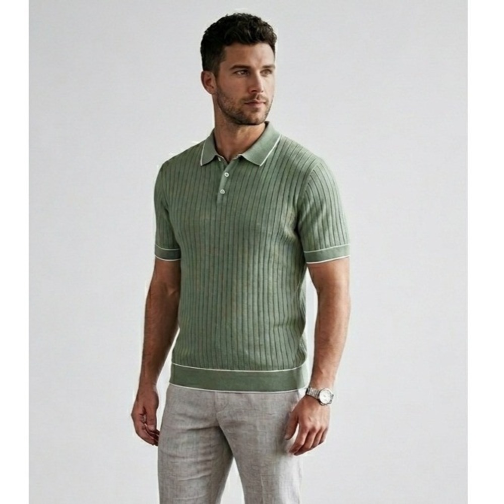 Bugatchi Knit Polo Shirt Men's Size XXL Sage Green Ribbed Tipped Preppy